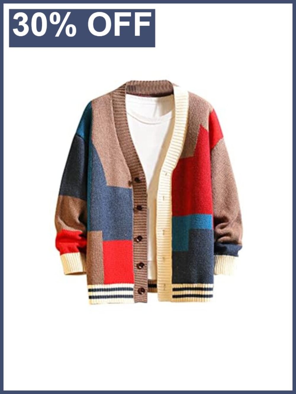 Men's Colorblock Knit Button Front Cardigan Sweater V-Neck Long Sleeve